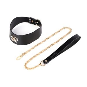 High-end sm props gold bow sexy traction collar genuine leather collar alternative choker adult products - Black collar + black traction chain