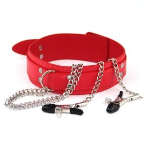 SM sex fun props sex fun collar with breast clip female slave training PU neck cover SM alternative adult products - Red