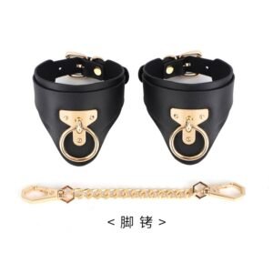 High-grade sm props cowhide bondage handcuffs black and red genuine leather sexy handcuffs foot cuffs sex training adult products - Black T-shaped leg cuffs