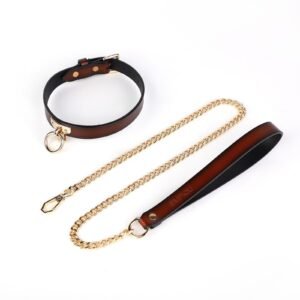 High-end sm props female slave training genuine leather sexy collar traction retro cowhide collar alternative adult products - Dark orange cowhide collar + traction