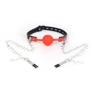 Sexy SM props light luxury genuine leather silicone mouth plug ball SM butterfly sexy breast clip mouth flail alternative adult products - Red mouth ball + breast clip