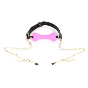 Fun sm props light luxury genuine leather silicone mouth plug maid training torture instrument bone mouth plug with drill long chain breast clip - Pink bone mouth plug + breast clip