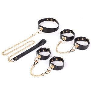 Sex toys sm props genuine leather love set training handcuffs handcuffs collar adult toys - Black Three-Piece Set