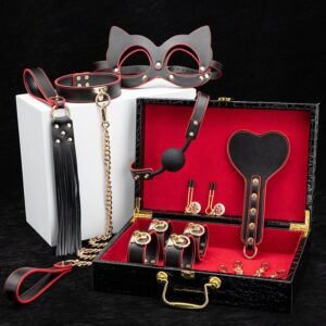 High-grade sm props genuine leather 9-piece set with box binding handcuffs traction collar punishment training whip adult products - Black and red genuine leather 8-piece set with case