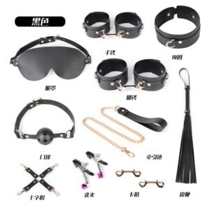 Training slave girl sm props 10-piece set leather sm set sexy handcuffs with storage bag alternative adult products - Black suit