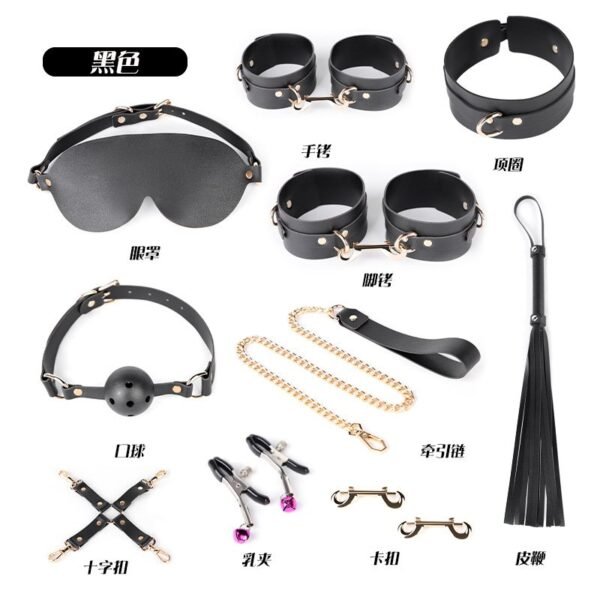 Training slave girl sm props 10-piece set leather sm set sexy handcuffs with storage bag alternative adult products - Black suit