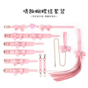 sexy sm props set macaron color bow sexy collar women's binding handcuffs sm whip - Pink