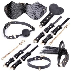 Sex toys sm props crocodile print 7-piece set sm sex set handcuffs ankle shackles mouth ball adult sex toys - Solid Black