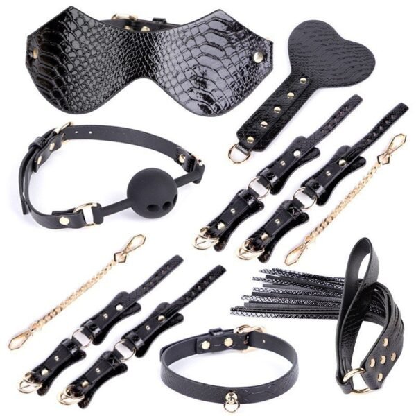 Sex toys sm props crocodile print 7-piece set sm sex set handcuffs ankle shackles mouth ball adult sex toys - Solid Black