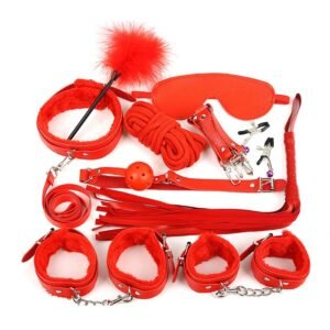 Sexy plush 10-piece set of women's leather handcuffs couple flirting binding rope bondage alternative sex toys - Red plush