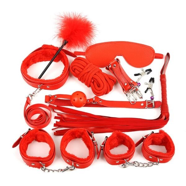 Sexy plush 10-piece set of women's leather handcuffs couple flirting binding rope bondage alternative sex toys - Red plush
