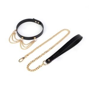 High-end sm props gold chain genuine leather collar sm training choker female slave traction neck collar adult products - Black collar + black traction chain