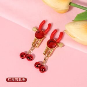 Sexy sm props gemstone bell breast clip for women flirting teasing boobs clip tassel chain clip - Red gemstone bell breast clip