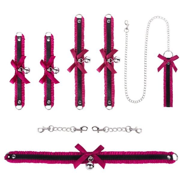 Sexy SM props bow lace SM set maid bell collar handcuffs foot cuffs alternative adult products - Burgundy