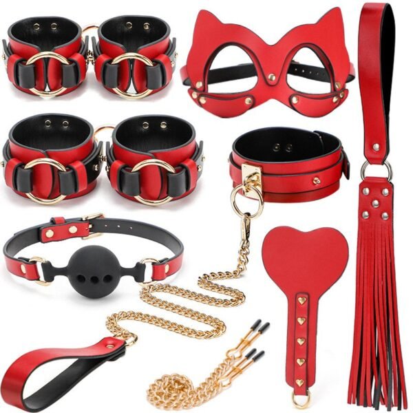 High-end sm props eight-piece set PU leather sexy eye mask binding handcuffs sexy collar sp leather whip - Set of 8 without case
