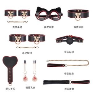 High-end sm sex props genuine leather eight-piece set of binding bondage handcuffs sex collar sex leather whip - Black and Red Set-Without Case