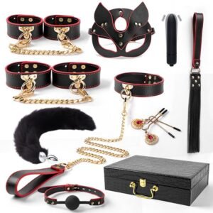 High-grade leather sm props ten-piece set sp leather racket collar traction sexy handcuffs tail anal plug adult products - Black and red 10-piece set (including box)