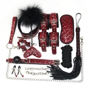 sm binding set sex toys PU handcuffs binding bondage ten-piece set couple flirting alternative adult toys - Burgundy diamond pattern