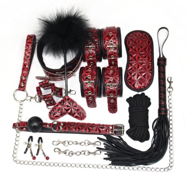 sm binding set sex toys PU handcuffs binding bondage ten-piece set couple flirting alternative adult toys - Burgundy diamond pattern