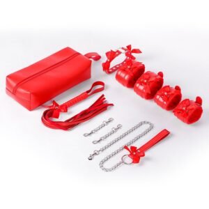 Sexy sm prop set cute bow binding bondage handcuffs sm training leather whip backyard development anal plug - Red