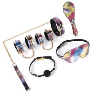 Sex toys SM props six-piece set of moire printed sexy eye mask binding handcuffs training collar punishment beat - Colored Moire