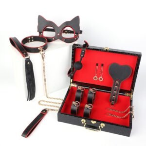 sm sex props high-grade pu eight-piece set of sex traction collar sex leather racket training oral ball breast clip vaginal clip - Black and red with box
