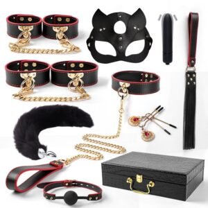 Hot-selling high-end genuine leather sm props ten-piece set sp beat sexy collar handcuffs combination adult products - Black and red ten-piece set