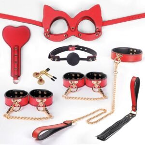 High-end genuine leather sm props eight-piece set of binding bondage sexy handcuffs female slave training punishment leather shoot adult products - Red genuine leather without case