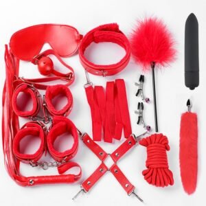 sm props binding bondage plush twelve-piece set sexy handcuffs traction collar training mouth ball tail anal plug - Red twelve-piece set