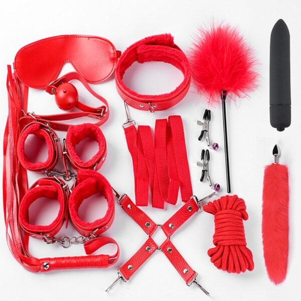 sm props binding bondage plush twelve-piece set sexy handcuffs traction collar training mouth ball tail anal plug - Red twelve-piece set