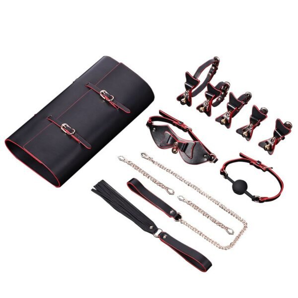 sm prop set with storage bag bow bell collar sexy handcuffs silicone mouth ball tassel leather whip - Black and red suit