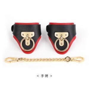 High-grade sm props cowhide bondage handcuffs black and red genuine leather sexy handcuffs foot cuffs sex training adult products - Black and red T-shaped handcuffs
