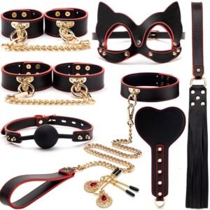 High-grade sm props genuine leather 8-piece set with box binding handcuffs traction collar punishment training whip adult products - Black and red genuine leather 8-piece set without case