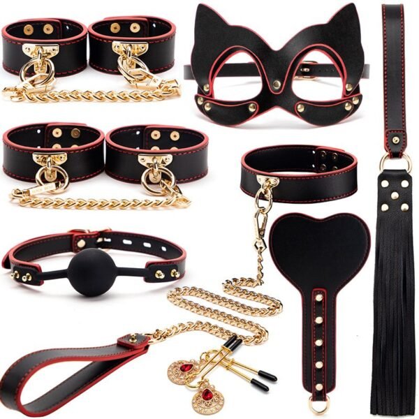 High-grade sm props genuine leather 8-piece set with box binding handcuffs traction collar punishment training whip adult products - Black and red genuine leather 8-piece set without case