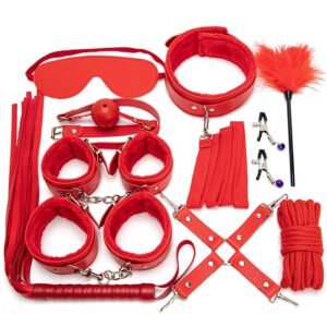 Sex toys SM props 10-piece set of binding rope bondage handcuffs training oral plug breast clips alternative adult sex products - Red