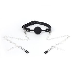 Sexy SM props light luxury genuine leather silicone mouth plug ball SM butterfly sexy breast clip mouth flail alternative adult products - Black mouth ball + breast clip