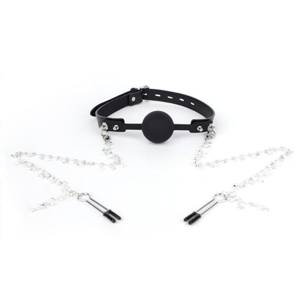 Sexy SM props light luxury genuine leather silicone mouth plug ball SM butterfly sexy breast clip mouth flail alternative adult products - Black mouth ball + breast clip