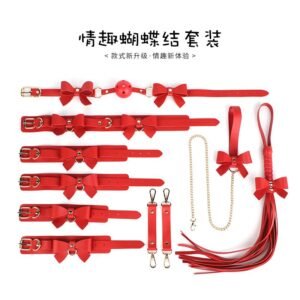 sexy sm props set macaron color bow sexy collar women's binding handcuffs sm whip - Red