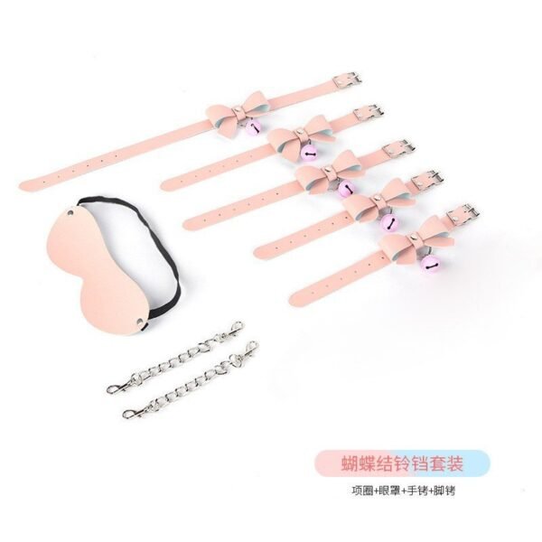 sm prop set 4-piece bow sexy collar female slave training bell handcuffs macaron sm leather whip - Pink 4-piece set