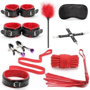 Sexy plush 9-piece set of women's leather handcuffs couple flirting binding rope bondage alternative sex toys - Black red
