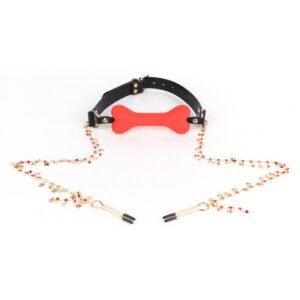 Fun sm props light luxury genuine leather silicone mouth plug maid training torture instrument bone mouth plug with drill long chain breast clip - Red bone plug + breast clip