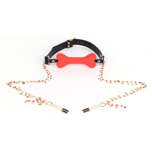 Fun sm props light luxury genuine leather silicone mouth plug maid training torture instrument bone mouth plug with drill long chain breast clip - Red bone plug + breast clip