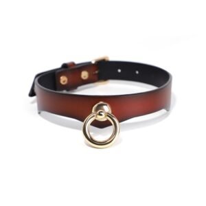 High-end sm props bright gold ring sexy collar retro genuine leather traction collar alternative choker adult products - Dark red collar
