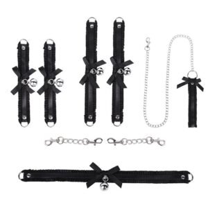Sexy SM props bow lace SM set maid bell collar handcuffs foot cuffs alternative adult products - Black