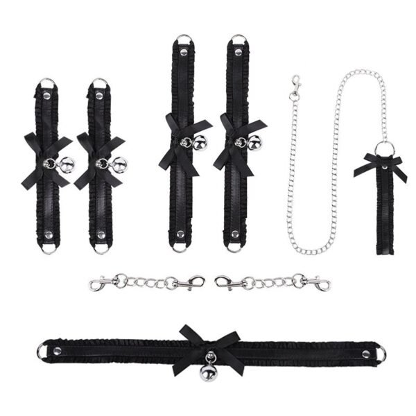 Sexy SM props bow lace SM set maid bell collar handcuffs foot cuffs alternative adult products - Black