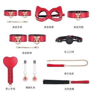 High-end sm sex props genuine leather eight-piece set of binding bondage handcuffs sex collar sex leather whip - Red Set-Without Case