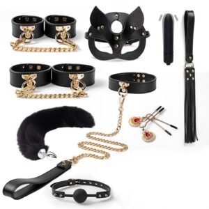 High-grade leather sm props ten-piece set sp leather racket collar traction sexy handcuffs tail anal plug adult products - Black 9-Piece Set