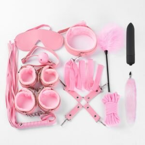 sm props binding bondage plush twelve-piece set sexy handcuffs traction collar training mouth ball tail anal plug - Pink twelve-piece set