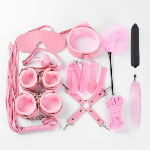 sm props binding bondage plush twelve-piece set sexy handcuffs traction collar training mouth ball tail anal plug - Pink twelve-piece set
