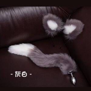 Sexy sm props training metal anal plug alternative cosplay cat ear headband tail anal plug two-piece set - Gray and white anal plug tail + hairband